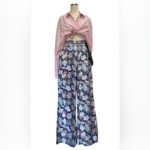 Beau Dawson linen blend wide leg tropical palms smocked waist pant size small